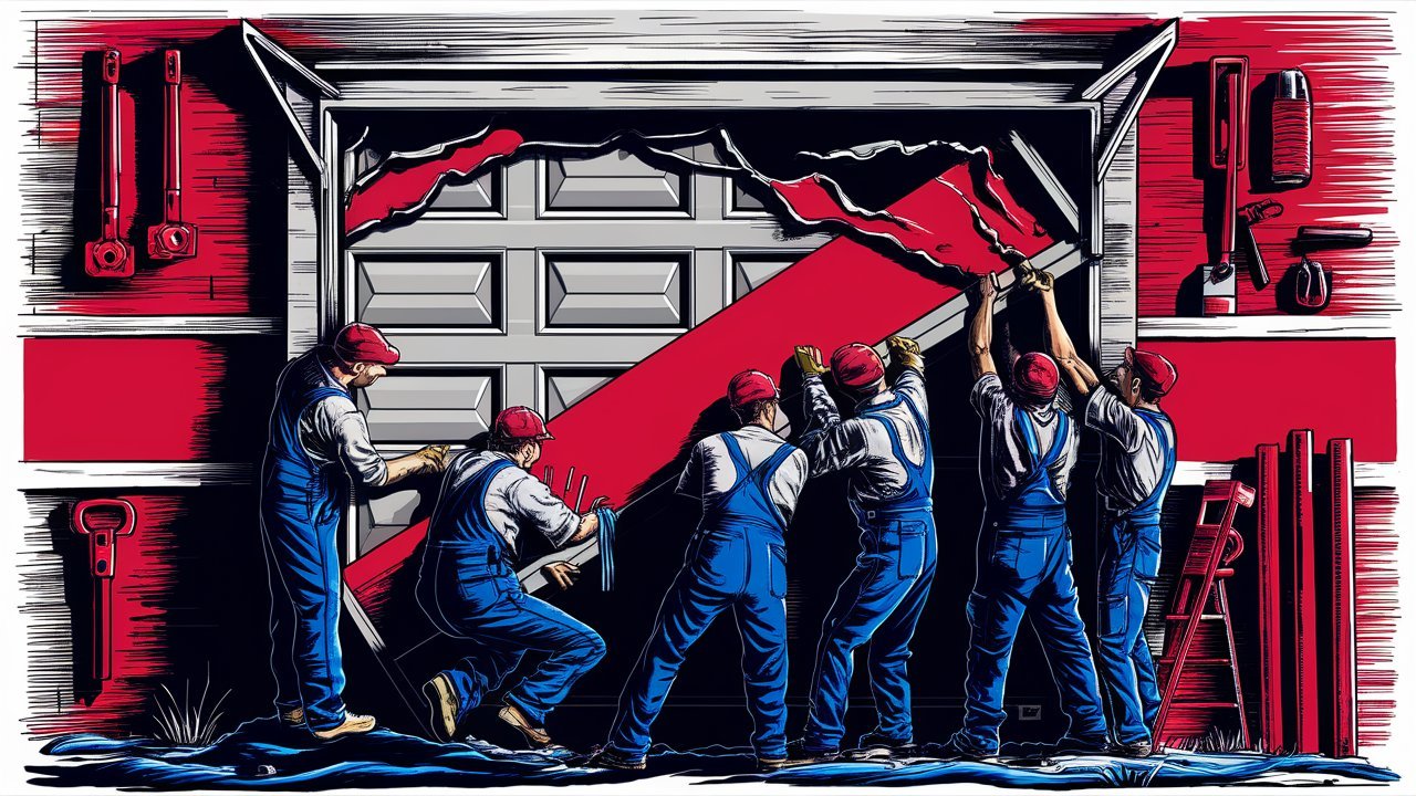 a group of men painting a garage door